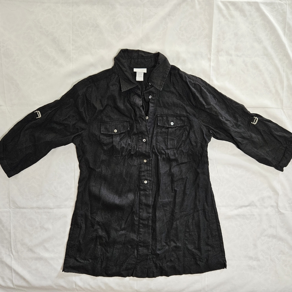 Soft Surroundings Womens L Black Linen Tunic Top Button Down Shirt Blouse Buckle